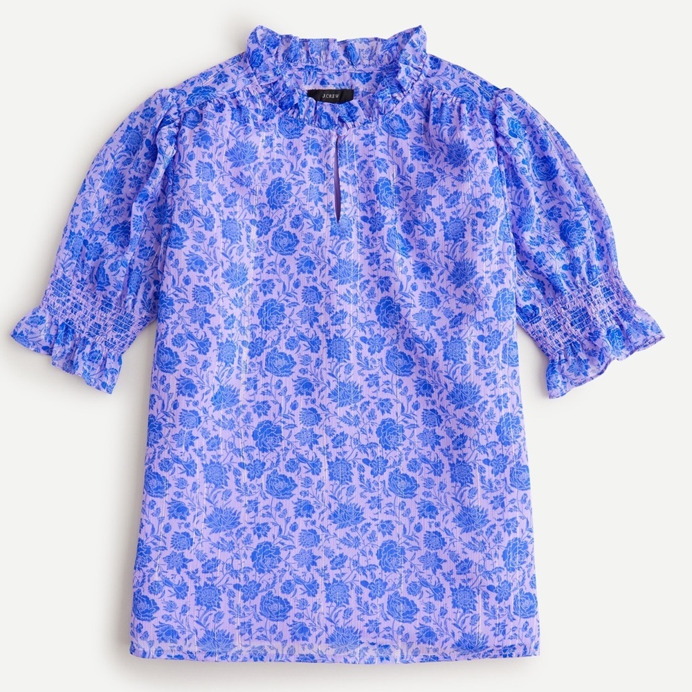 J. Crew Puff-sleeve crinkle chiffon top in rose vines royal purple size small